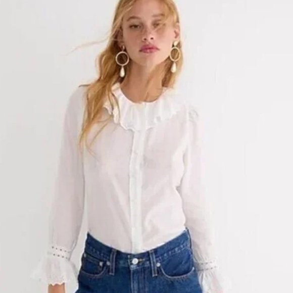JCREW White Cotton Embroidered Ruffle Collar Top with Eyelet Size 6 - Picture 3 of 9